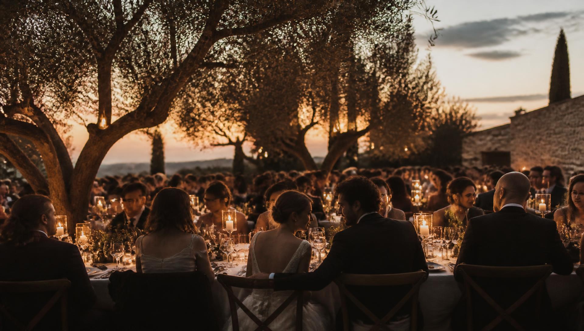 Candlelit wedding dinner under olive trees at dusk